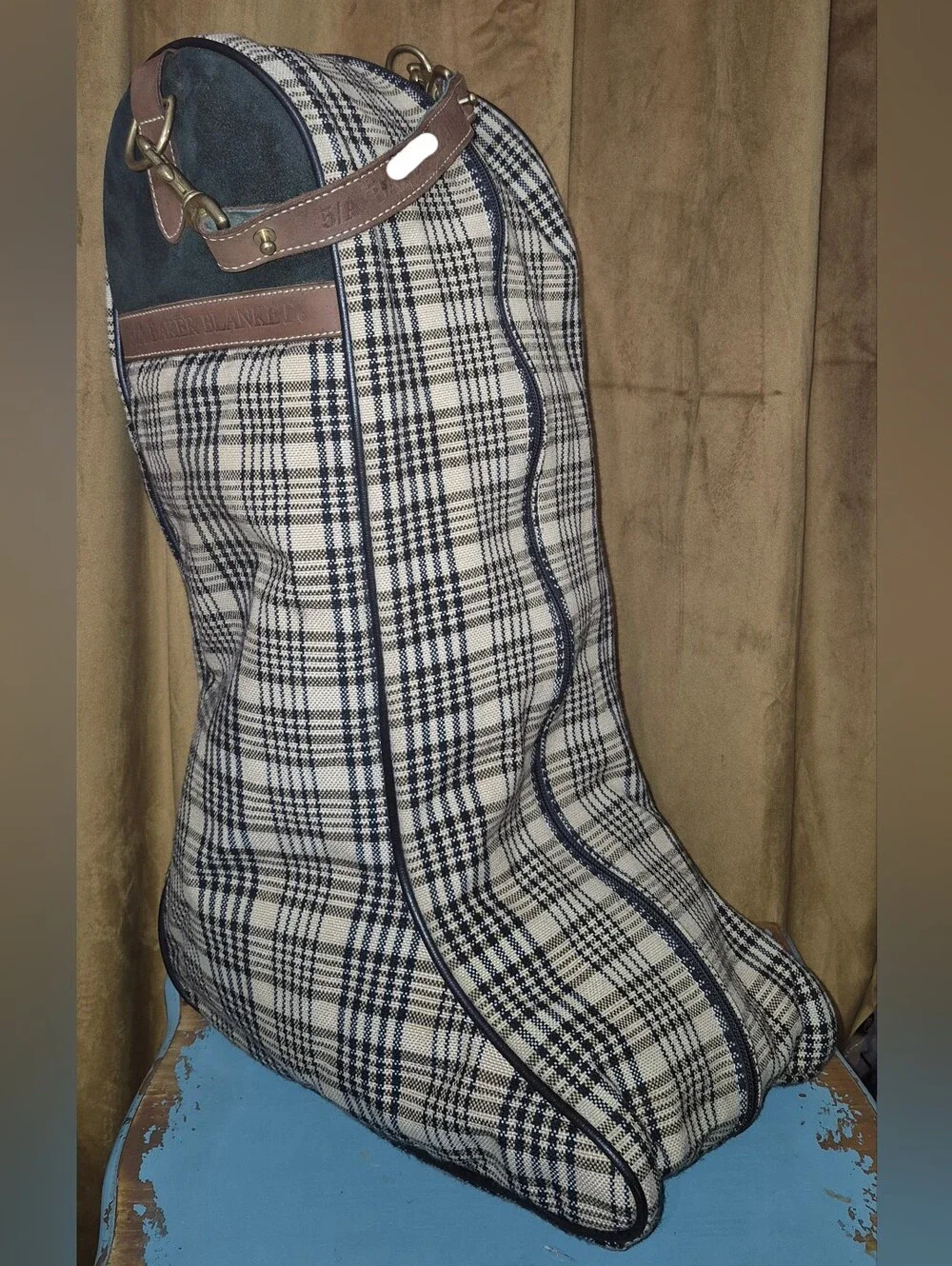 🔥5/A Baker Blanket Plaid Woven Fabric Suede Leather Riding Boot Bag Equestrian